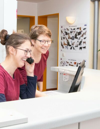 Personal telefoniert im Empfangsbereich.